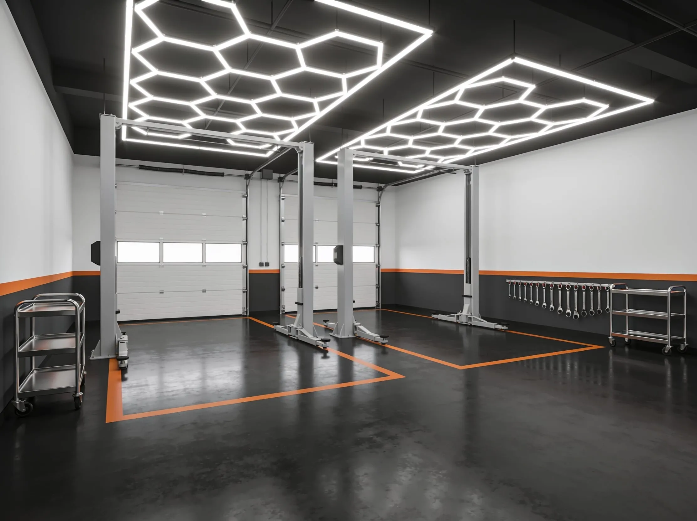 Installation bay concept - hexagonal lighting over two prep bays with tool trolleys