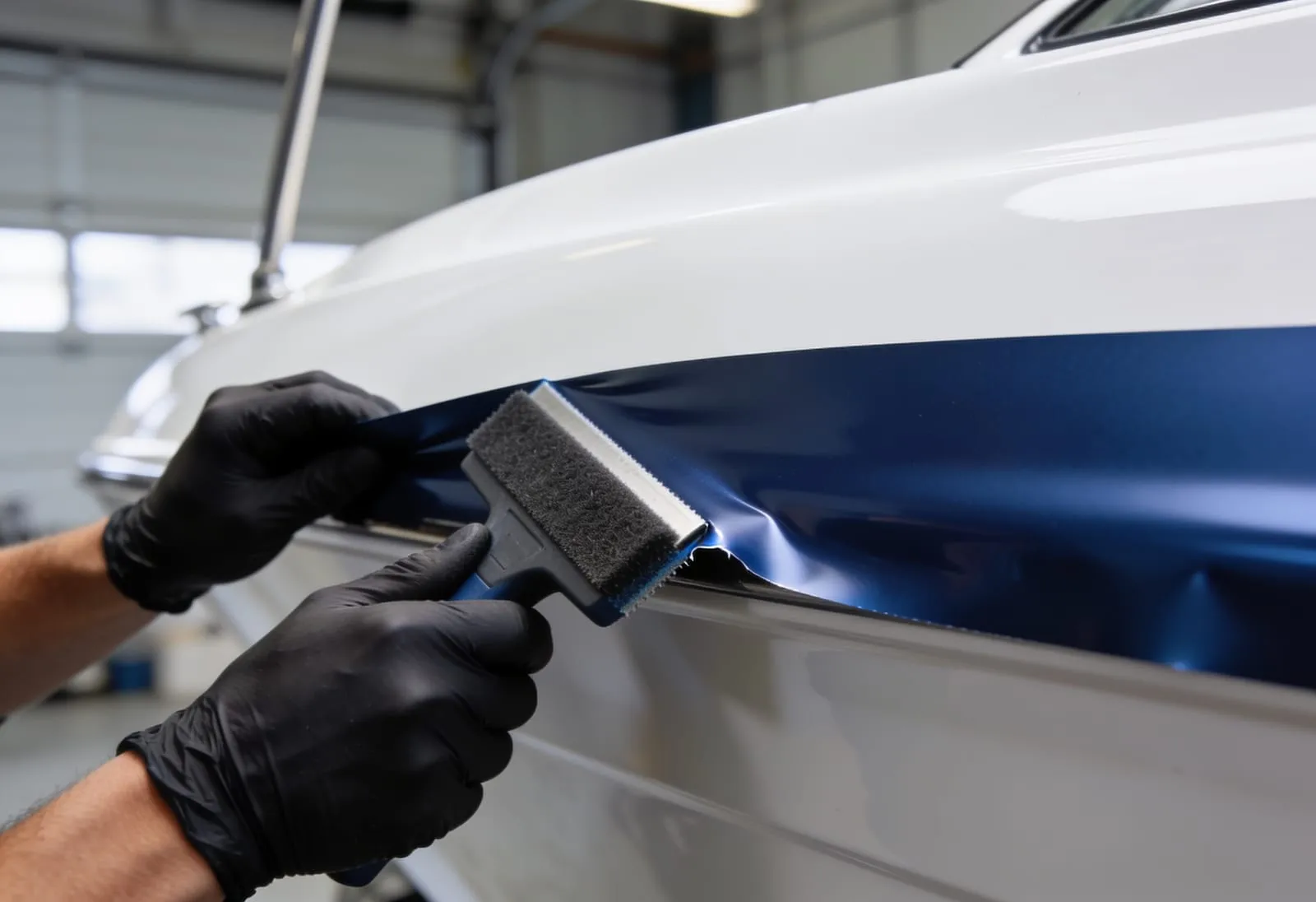 Installer applying film to a boat hull, close-up