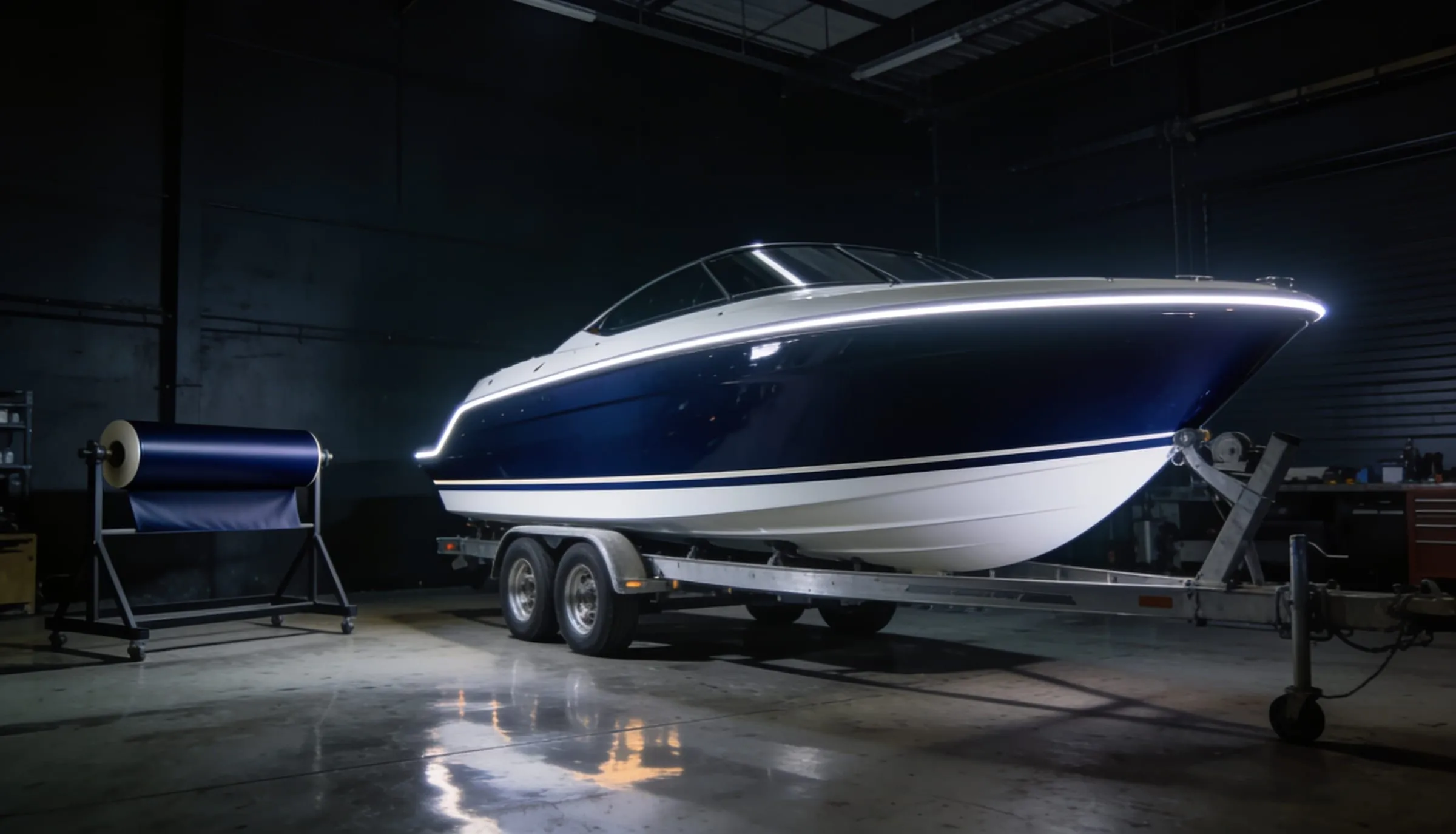 Boat prepped for wrapping inside the workshop