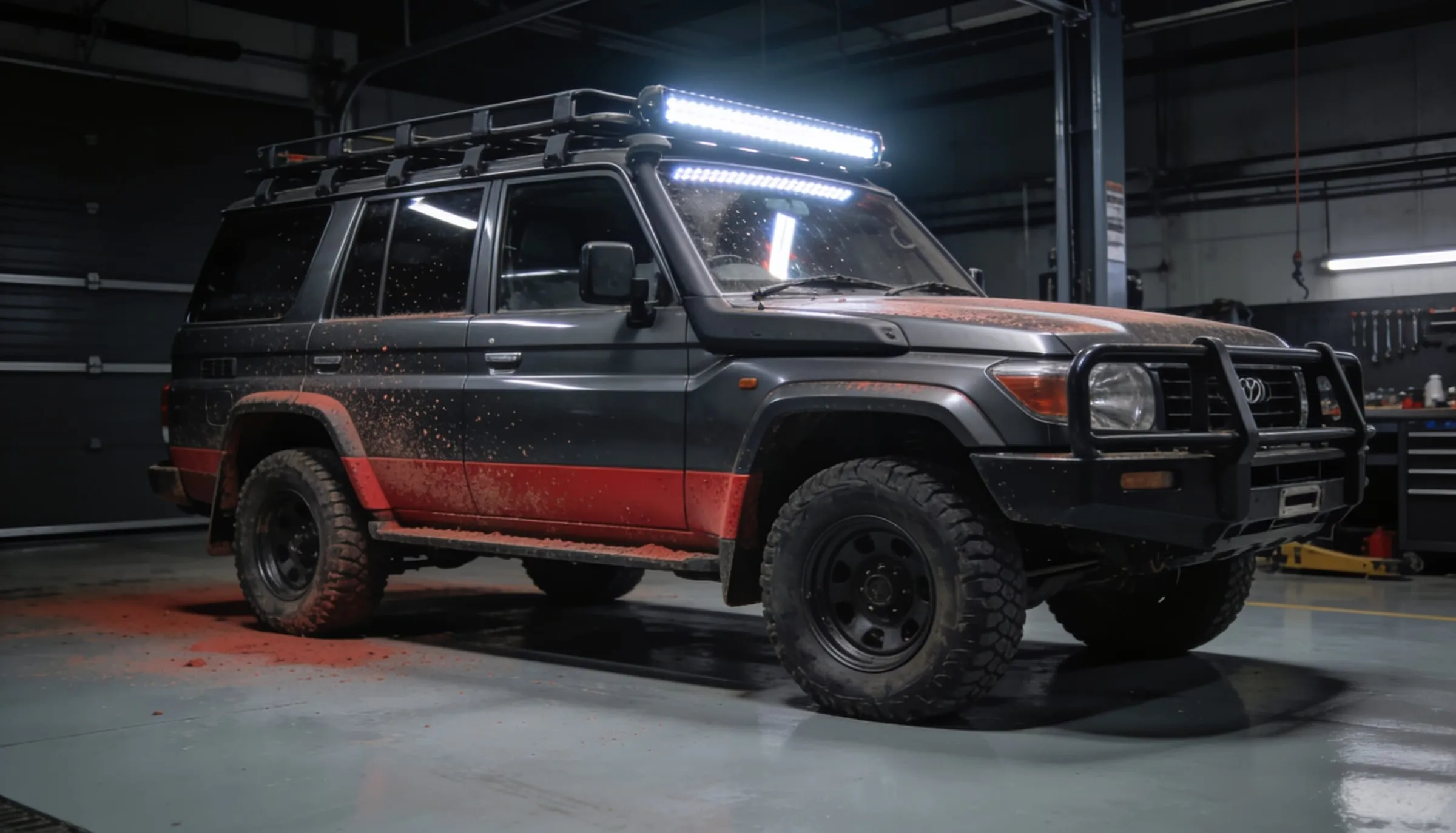 Dark grey 4WD wagon with bull bar and red outback dust in a protection workshop bay