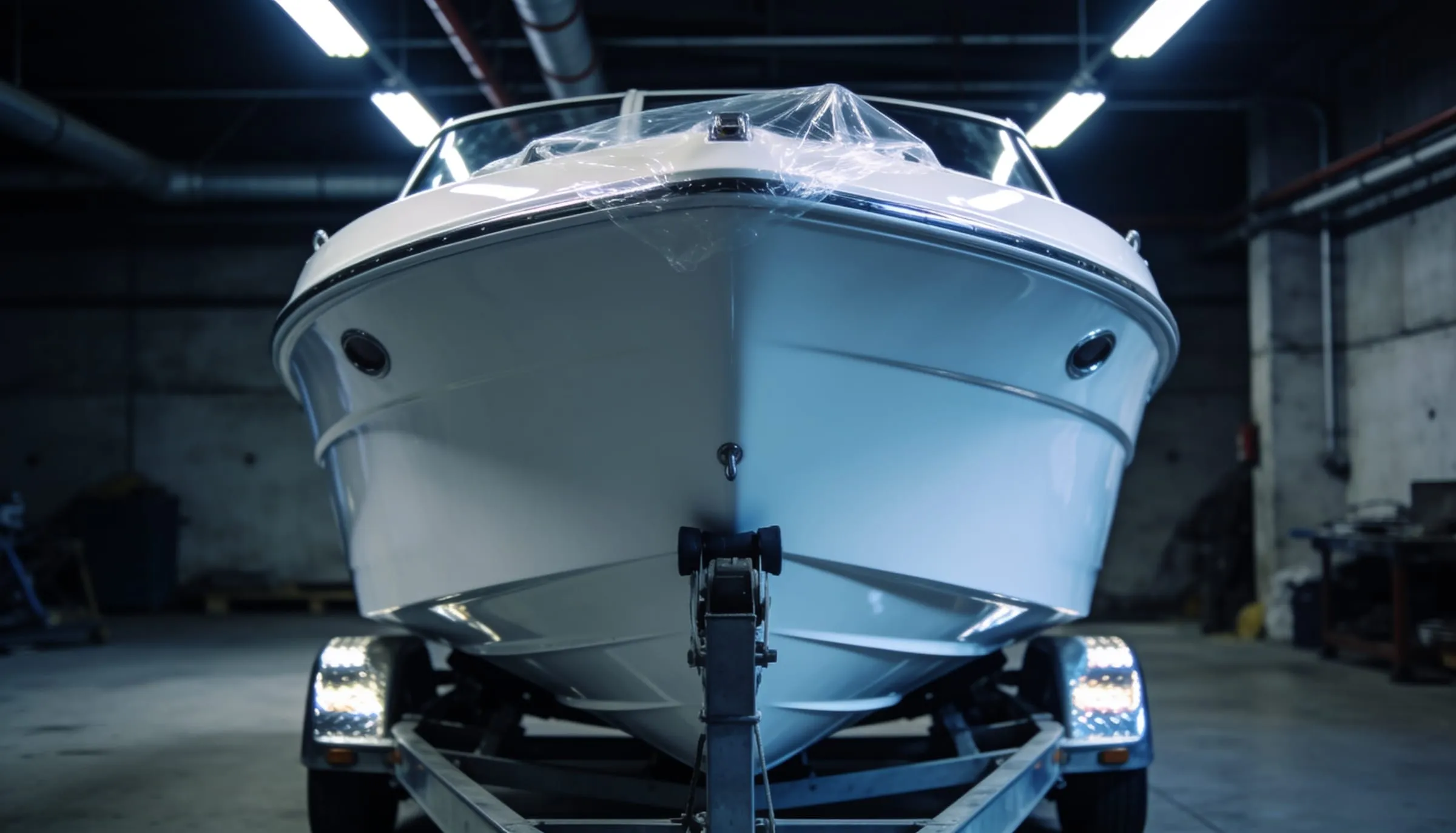 White boat on a trailer in a workshop bay with clear protective film on the bow