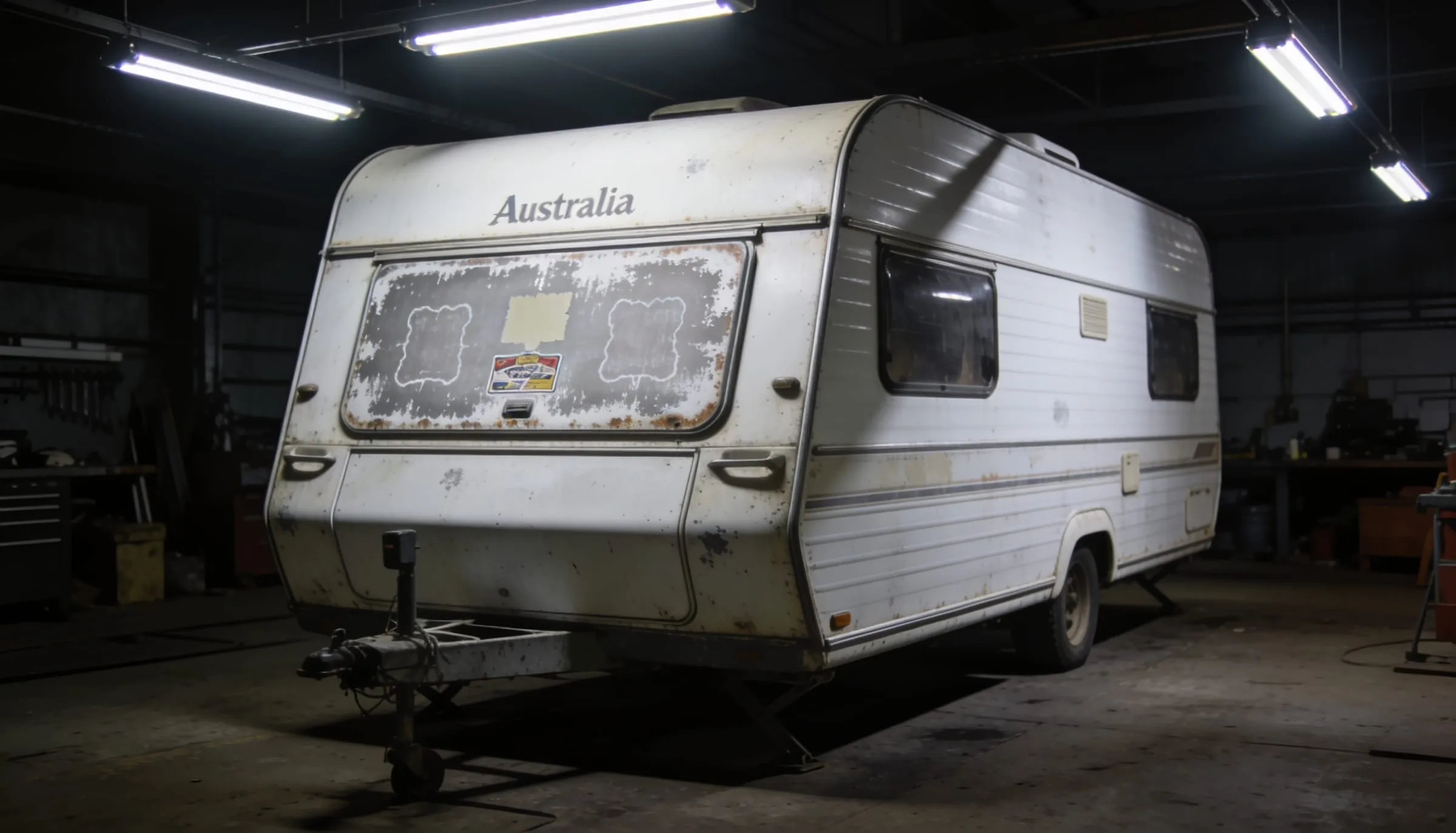 Older caravan with faded oxidised panels and sticker outlines awaiting restoration