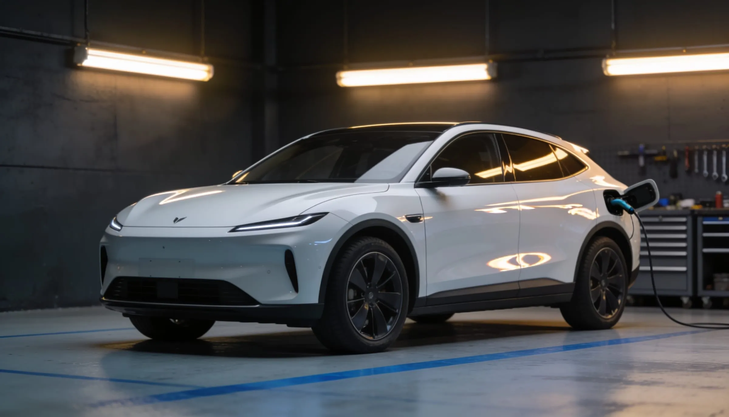 White electric SUV with flush door handles in a dark protection workshop