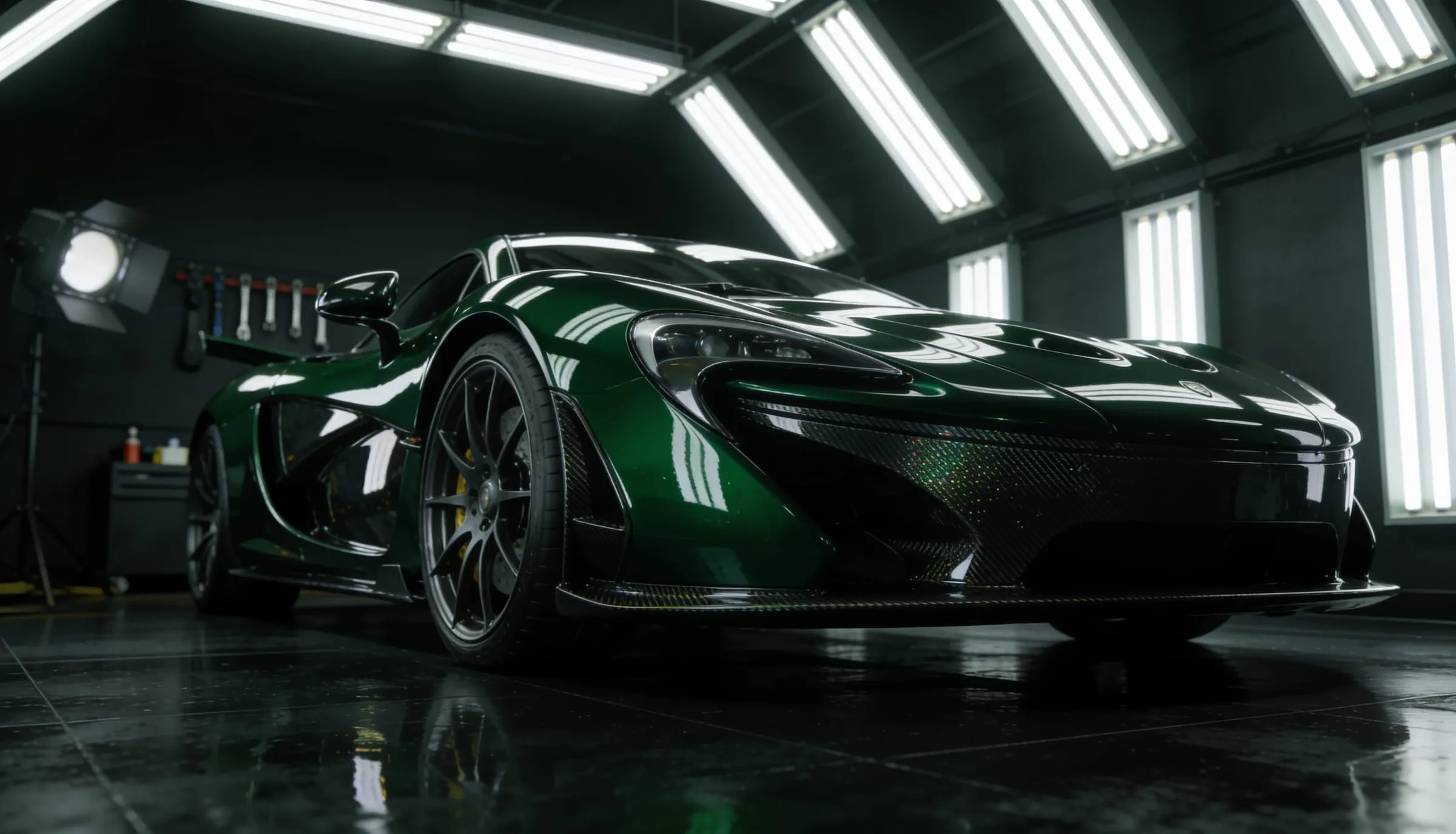 Dark green exotic supercar with mirror gloss in a dark protection workshop