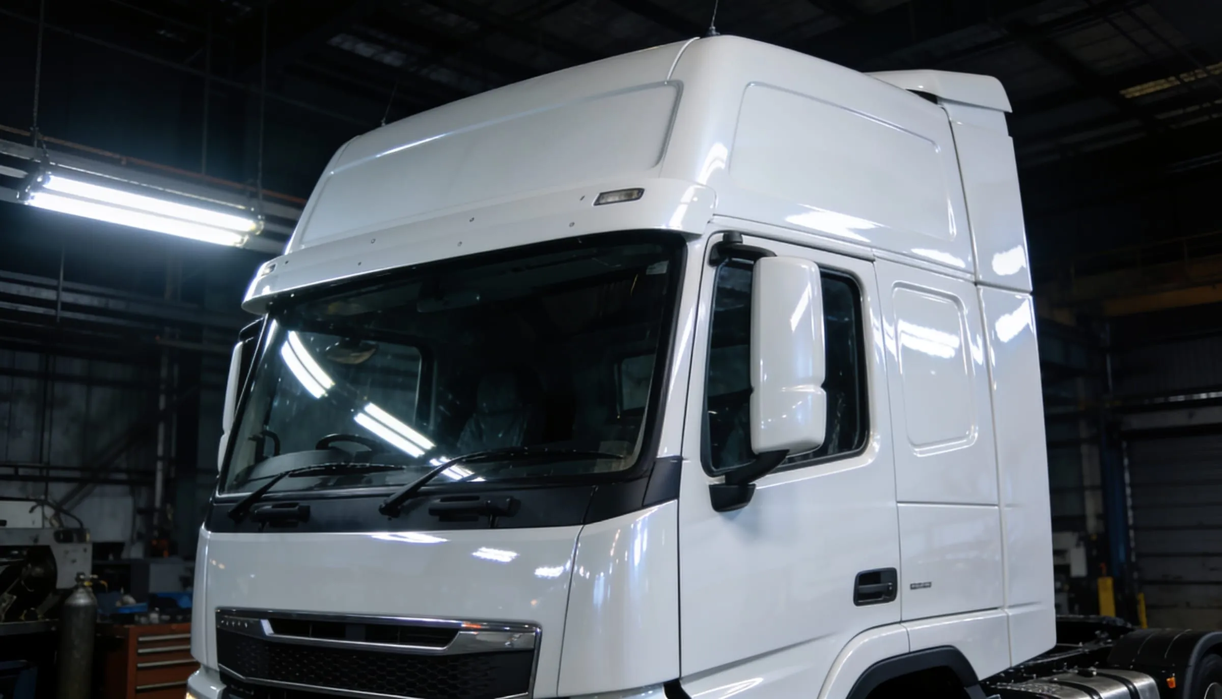 White prime mover cab in an industrial workshop bay under LED lighting