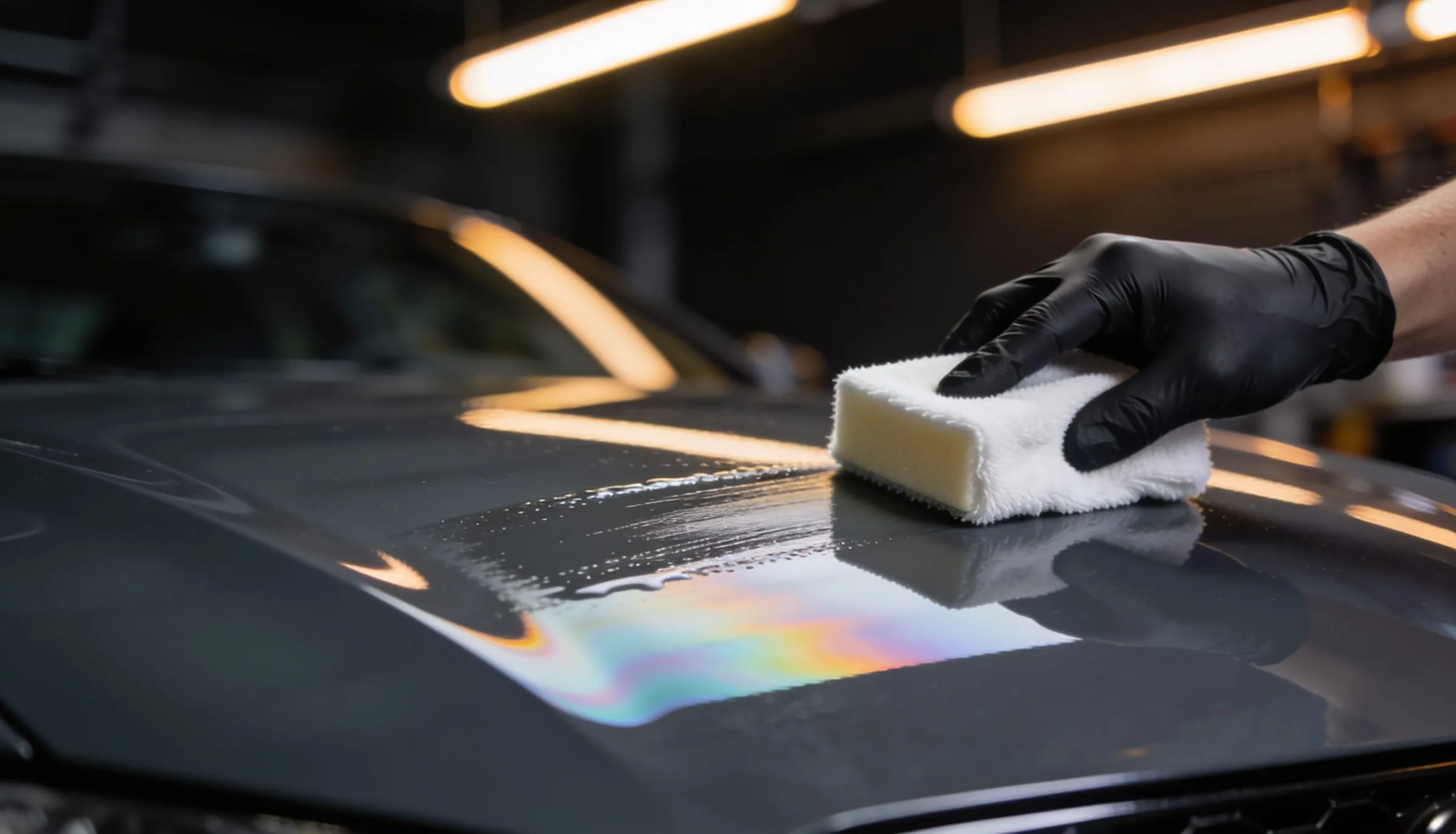 Ceramic coating being levelled on a dark bonnet with a suede applicator block