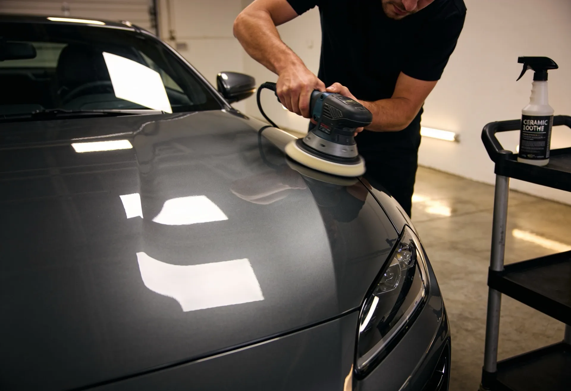Detailer machine-polishing a dark sports car bonnet