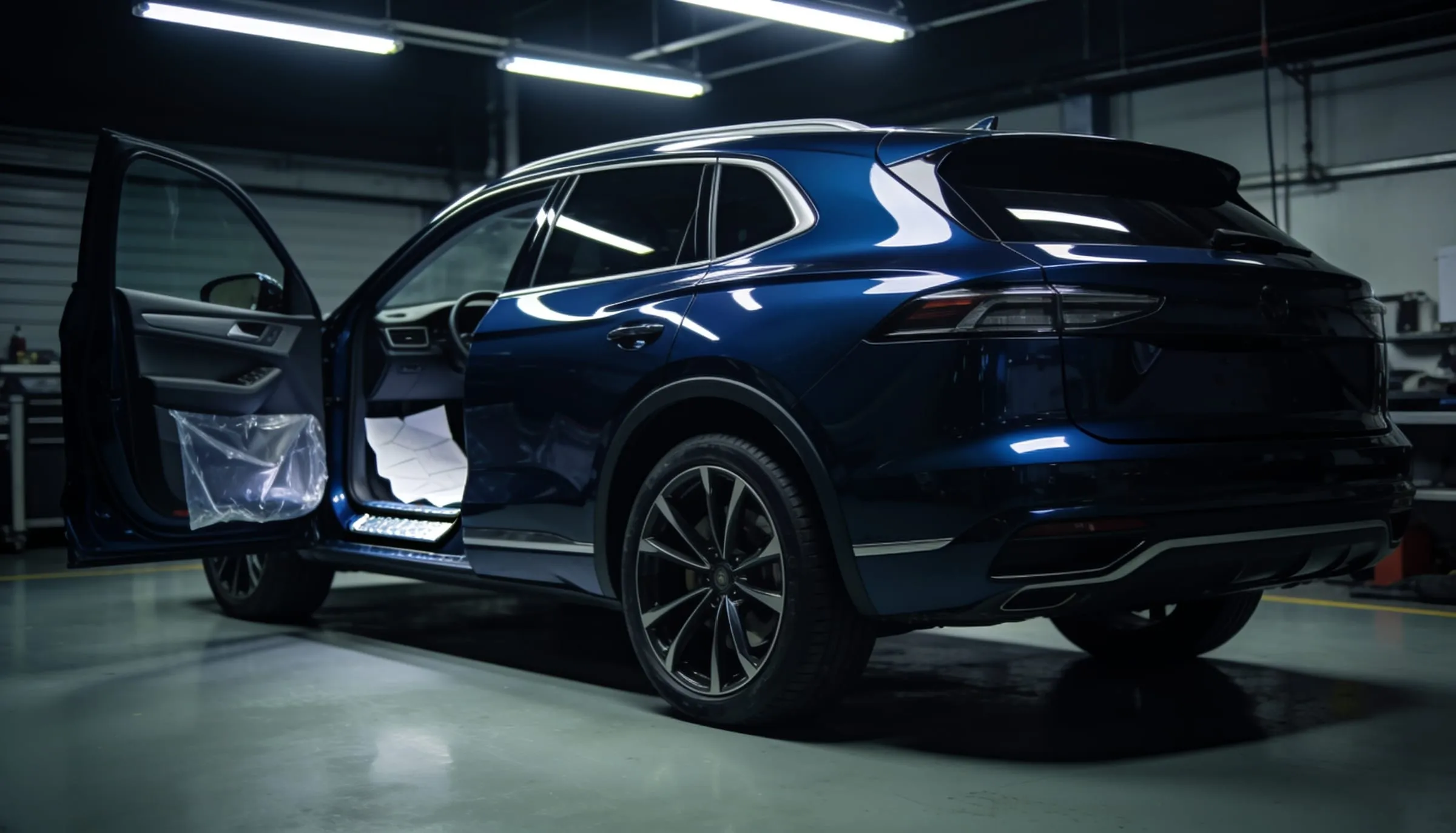 Brand-new SUV with delivery plastic still on the door, waiting in a protection workshop bay