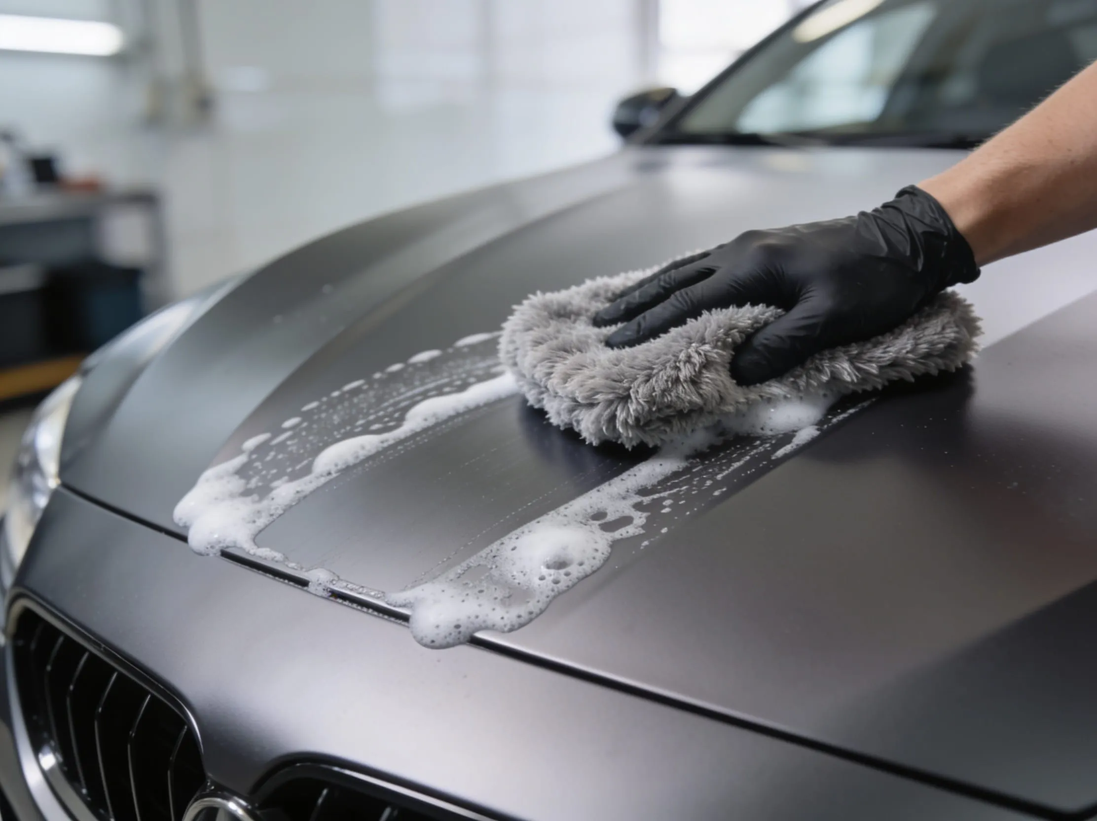 Microfibre wash mitt with foam gliding over a satin grey wrapped bonnet